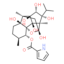 ChemSpider 2D Image | (1R,2R,3S,6S,7S,9R,10R,11R,12R,13S,14R)-6,9,11,12,13,14-Hexahydroxy-11-isopropyl-3,7,10-trimethyl-15-oxapentacyclo[7.5.1.0~1,6~.0~7,13~.0~10,14~]pentadec-2-yl 1H-pyrrole-2-carboxylate | C25H35NO9
