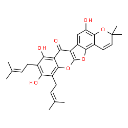 ChemSpider 2D Image | 5,8,10-Trihydroxy-3,3-dimethyl-9,11-bis(3-methyl-2-buten-1-yl)-3H,7H-chromeno[6',5':4,5]furo[2,3-b]chromen-7-one | C30H30O7