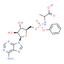 ChemSpider 2D Image | Methyl 2-{[{[(2R,3S,4S,5R)-5-(6-amino-9H-purin-9-yl)-3,4-dihydroxytetrahydro-2-furanyl]methoxy}(phenoxy)phosphoryl]amino}propanoate | C20H25N6O8P