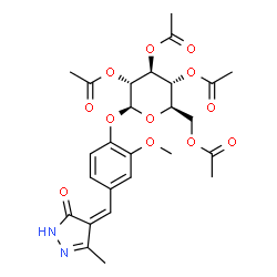 ChemSpider 2D Image | 2-Methoxy-4-[(Z)-(3-methyl-5-oxo-1,5-dihydro-4H-pyrazol-4-ylidene)methyl]phenyl 2,3,4,6-tetra-O-acetyl-beta-D-glucopyranoside | C26H30N2O12