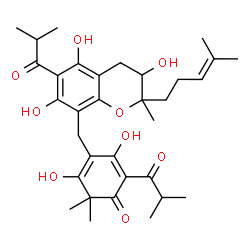 ChemSpider 2D Image | 3,5-Dihydroxy-2-isobutyryl-6,6-dimethyl-4-{[3,5,7-trihydroxy-6-isobutyryl-2-methyl-2-(4-methyl-3-penten-1-yl)-3,4-dihydro-2H-chromen-8-yl]methyl}-2,4-cyclohexadien-1-one | C33H44O9