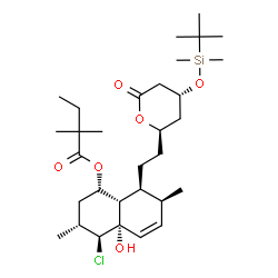 ChemSpider 2D Image | (1S,3R,4S,4aS,7S,8S,8aS)-4-Chloro-8-{2-[(2R,4R)-4-{[dimethyl(2-methyl-2-propanyl)silyl]oxy}-6-oxotetrahydro-2H-pyran-2-yl]ethyl}-4a-hydroxy-3,7-dimethyl-1,2,3,4,4a,7,8,8a-octahydro-1-naphthalenyl 2,2-
dimethylbutanoate | C31H53ClO6Si