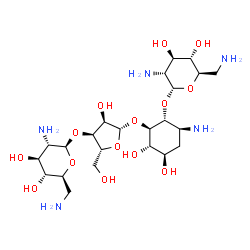 ChemSpider 2D Image | (1R,2R,3S,4R,6S)-6-Amino-2-{[3-O-(2,6-diamino-2,6-dideoxy-beta-L-glucopyranosyl)-beta-D-ribofuranosyl]oxy}-3,4-dihydroxycyclohexyl 2,6-diamino-2,6-dideoxy-alpha-D-glucopyranoside | C23H45N5O14