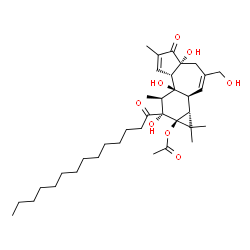 ChemSpider 2D Image | (1aR,1bS,4aR,7aS,7bS,8S,9R,9aS)-4a,7b,9-Trihydroxy-3-(hydroxymethyl)-1,1,6,8-tetramethyl-5-oxo-9-tetradecanoyl-1,1a,1b,4,4a,5,7a,7b,8,9-decahydro-9aH-cyclopropa[3,4]benzo[1,2-e]azulen-9a-yl acetate | C36H56O8