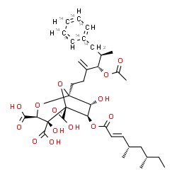 ChemSpider 2D Image | (1S,3S,4S,5R,6R,7R)-1-[(4S,5R)-4-Acetoxy-5-methyl-3-methylene-6-(~14~C_6_)phenyl(6-~14~C)hexyl]-6-{[(2E,4S,6S)-4,6-dimethyl-2-octenoyl]oxy}-4,7-dihydroxy-2,8-dioxabicyclo[3.2.1]octane-3,4,5-tricarboxy
lic acid | C2814C7H46O14