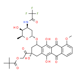 ChemSpider 2D Image | 2-Oxo-2-[(2S)-2,5,12-trihydroxy-7-methoxy-6,11-dioxo-4-({2,3,6-trideoxy-3-[(trifluoroacetyl)amino]-alpha-L-lyxo-hexopyranosyl}oxy)-1,2,3,4,6,11-hexahydro-2-tetracenyl]ethyl pivalate | C34H36F3NO13