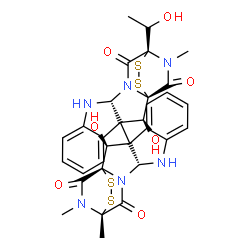 ChemSpider 2D Image | (1S,1'S,2S,2'S,11R,11'R,14R,14'R)-2,2'-Dihydroxy-14-[(1S)-1-hydroxyethyl]-14',18,18'-trimethyl-3,3'-bi(15,16-dithia-10,12,18-triazapentacyclo[12.2.2.0~1,12~.0~3,11~.0~4,9~]octadecane)-4,4',6,6',8,8'-h
exaene-13,13',17,17'-tetrone | C31H30N6O7S4