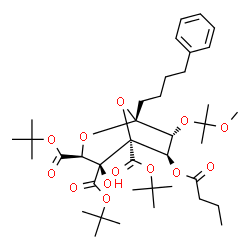 ChemSpider 2D Image | Tris(2-methyl-2-propanyl) (1R,3S,4S,5S,6R,7R)-6-(butyryloxy)-4-hydroxy-7-[(2-methoxy-2-propanyl)oxy]-1-(4-phenylbutyl)-2,8-dioxabicyclo[3.2.1]octane-3,4,5-tricarboxylate | C39H60O13