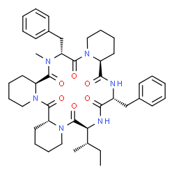 ChemSpider 2D Image | (6aR,13S,16R,18aS,25R,27aS)-16,25-Dibenzyl-13-[(2S)-2-butanyl]-26-methyloctadecahydro-2H-tripyrido[1,2-a:1',2'-d:1'',2''-j][1,4,7,10,13,16]hexaazacyclooctadecine-6,12,15,18,24,27(6aH,18aH)-hexone | C43H58N6O6