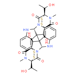 ChemSpider 2D Image | (1S,1'S,2S,2'S,11R,11'R,14R,14'R)-2,2'-Dihydroxy-14-[(1R)-1-hydroxyethyl]-14'-[(1S)-1-hydroxyethyl]-18,18'-dimethyl-3,3'-bi(15,16-dithia-10,12,18-triazapentacyclo[12.2.2.0~1,12~.0~3,11~.0~4,9~]octadec
ane)-4,4',6,6',8,8'-hexaene-13,13',17,17'-tetrone | C32H32N6O8S4