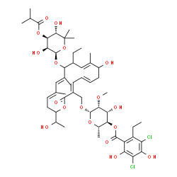 ChemSpider 2D Image | [(2S,3R,4R,5R,6S)-6-[[(3E,5E,9E,13E,15E)-12-[(2R,3S,4S,5S)-3,5-dihydroxy-6,6-dimethyl-4-(2-methylpropanoyloxy)tetrahydropyran-2-yl]oxy-11-ethyl-8-hydroxy-18-(1-hydroxyethyl)-9,13,15-trimethyl-2-oxo-1-oxacyclooctadeca-3,5,9,13,15-pentaen-3-yl]methoxy]-4-hydroxy-5-methoxy-2-methyl-tetrahydropyran-3-yl] 3,5-dichloro-2-ethyl-4,6-dihydroxy-benzoate | C52H74Cl2O18