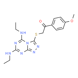 ChemSpider 2D Image | 2-{[5,7-Bis(ethylamino)[1,2,4]triazolo[4,3-a][1,3,5]triazin-3-yl]sulfanyl}-1-(4-methoxyphenyl)ethanone | C17H21N7O2S