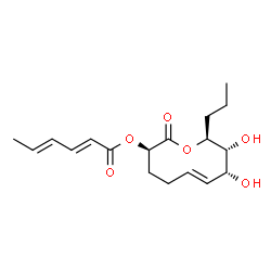 ChemSpider 2D Image | (3R,6E,8R,9R,10S)-8,9-Dihydroxy-2-oxo-10-propyl-3,4,5,8,9,10-hexahydro-2H-oxecin-3-yl (2E,4E)-2,4-hexadienoate | C18H26O6
