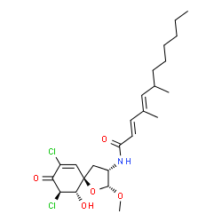 ChemSpider 2D Image | (2E,4E)-N-[(2R,3S,5R,9R,10S)-7,9-Dichloro-10-hydroxy-2-methoxy-8-oxo-1-oxaspiro[4.5]dec-6-en-3-yl]-4,6-dimethyl-2,4-dodecadienamide | C24H35Cl2NO5