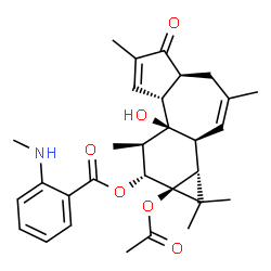ChemSpider 2D Image | (1aR,1bS,4aS,7aR,7bR,8R,9R,9aS)-9a-Acetoxy-7b-hydroxy-1,1,3,6,8-pentamethyl-5-oxo-1a,1b,4,4a,5,7a,7b,8,9,9a-decahydro-1H-cyclopropa[3,4]benzo[1,2-e]azulen-9-yl 2-(methylamino)benzoate | C30H37NO6