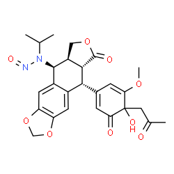 ChemSpider 2D Image | (5R,5aR,8aS,9S)-5-[4-Hydroxy-5-methoxy-3-oxo-4-(2-oxopropyl)-1,5-cyclohexadien-1-yl]-9-[isopropyl(nitroso)amino]-5,8,8a,9-tetrahydrofuro[3',4':6,7]naphtho[2,3-d][1,3]dioxol-6(5aH)-one | C26H28N2O9