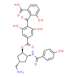ChemSpider 2D Image | 2-{4-[({(1R,2R,4S)-4-(Aminomethyl)-2-[(4-hydroxybenzoyl)amino]cyclopentyl}oxy)carbonyl]-2,6-dihydroxybenzoyl}-3-hydroxybenzoic acid | C28H26N2O10
