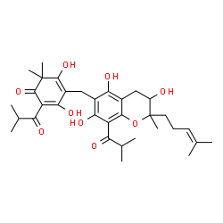 ChemSpider 2D Image | 3,5-Dihydroxy-2-isobutyryl-6,6-dimethyl-4-{[3,5,7-trihydroxy-8-isobutyryl-2-methyl-2-(4-methyl-3-penten-1-yl)-3,4-dihydro-2H-chromen-6-yl]methyl}-2,4-cyclohexadien-1-one | C33H44O9