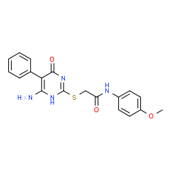 ChemSpider 2D Image | 2-[(6-Amino-4-oxo-5-phenyl-1,4-dihydro-2-pyrimidinyl)sulfanyl]-N-(4-methoxyphenyl)acetamide | C19H18N4O3S