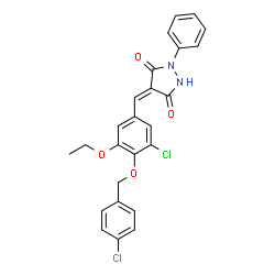 ChemSpider 2D Image | (4E)-4-{3-Chloro-4-[(4-chlorobenzyl)oxy]-5-ethoxybenzylidene}-1-phenyl-3,5-pyrazolidinedione | C25H20Cl2N2O4