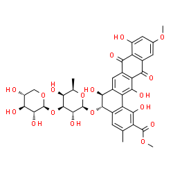 ChemSpider 2D Image | Methyl (5S,6S)-5-{[6-deoxy-3-O-(beta-D-xylopyranosyl)-beta-D-galactopyranosyl]oxy}-1,6,9,14-tetrahydroxy-11-methoxy-3-methyl-8,13-dioxo-5,6,8,13-tetrahydrobenzo[a]tetracene-2-carboxylate | C37H38O18
