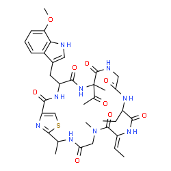 ChemSpider 2D Image | (16Z)-7-Acetyl-13-ethyl-16-ethylidene-4-[(7-methoxy-1H-indol-3-yl)methyl]-7,18,22-trimethyl-24-thia-3,6,9,12,15,18,21,26-octaazabicyclo[21.2.1]hexacosa-1(25),23(26)-diene-2,5,8,11,14,17,20-heptone | C36H45N9O9S
