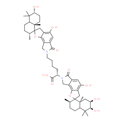 ChemSpider 2D Image | (2S)-6-[(2'R,6'R,8a'S)-4,6'-Dihydroxy-2',5',5',8a'-tetramethyl-6-oxo-3',4',4a',5',6,6',7',8,8',8a'-decahydro-2'H-spiro[furo[2,3-e]isoindole-2,1'-naphthalen]-7(3H)-yl]-2-[(2'R,6'S,7'R,8a'S)-4,6',7'-tri
hydroxy-2',5',5',8a'-tetramethyl-6-oxo-3',4',4a',5',6,6',7',8,8',8a'-decahydro-2'H-spiro[furo[2,3-e]isoindole-2,1'-naphthalen]-7(3H)-yl]hexanoic acid | C52H70N2O11