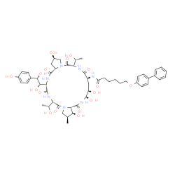 ChemSpider 2D Image | 6-(4-Biphenylyloxy)-N-{(2R,6S,9S,11R,12R,14aS,15S,16S,20S,23S,25aS)-23-[(1S,2S)-1,2-dihydroxy-2-(4-hydroxyphenyl)ethyl]-2,11,12,15-tetrahydroxy-6,20-bis[(1R)-1-hydroxyethyl]-16-methyl-5,8,14,19,22,25-
hexaoxotetracosahydro-1H-dipyrrolo[2,1-c:2',1'-l][1,4,7,10,13,16]hexaazacyclohenicosin-9-yl}hexanamide | C52H69N7O17