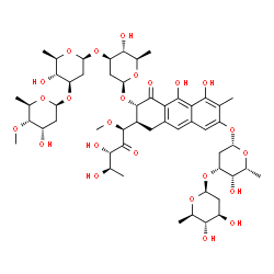 ChemSpider 2D Image | (1S)-5-Deoxy-1-C-[(2S,3S)-7-{[2,6-dideoxy-3-O-(2,6-dideoxy-beta-D-arabino-hexopyranosyl)-beta-D-lyxo-hexopyranosyl]oxy}-3-{[2,6-dideoxy-4-O-methyl-beta-D-ribo-hexopyranosyl-(1->3)-2,6-dideoxy-beta-D-a
rabino-hexopyranosyl-(1->3)-2,6-dideoxy-beta-D-arabino-hexopyranosyl]oxy}-5,10-dihydroxy-6-methyl-4-oxo-1,2,3,4-tetrahydro-2-anthracenyl]-1-O-methyl-D-xylulose | C52H76O24