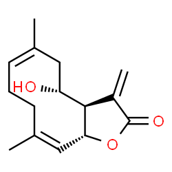 ChemSpider 2D Image | (3aR,4R,6Z,10Z,11aR)-4-Hydroxy-6,10-dimethyl-3-methylene-3a,4,5,8,9,11a-hexahydrocyclodeca[b]furan-2(3H)-one | C15H20O3