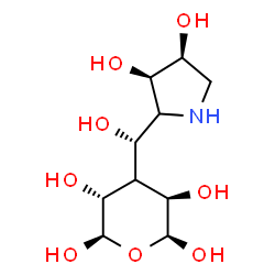 ChemSpider 2D Image | (2R,3R,5R,6S)-4-[(S)-[(3R,4S)-3,4-Dihydroxy-2-pyrrolidinyl](hydroxy)methyl]tetrahydro-2H-pyran-2,3,5,6-tetrol | C10H19NO8