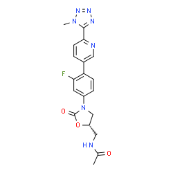 ChemSpider 2D Image | N-{[(5S)-3-{3-Fluoro-4-[6-(1-methyl-1H-tetrazol-5-yl)-3-pyridinyl]phenyl}-2-oxo-1,3-oxazolidin-5-yl]methyl}acetamide | C19H18FN7O3
