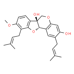 ChemSpider 2D Image | (6aS,11aS)-9-Methoxy-2,10-bis(3-methyl-2-buten-1-yl)-6H-[1]benzofuro[3,2-c]chromene-3,6a(11aH)-diol | C26H30O5
