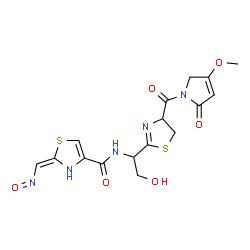 ChemSpider 2D Image | (2E)-N-(2-Hydroxy-1-{4-[(4-methoxy-2-oxo-2,5-dihydro-1H-pyrrol-1-yl)carbonyl]-4,5-dihydro-1,3-thiazol-2-yl}ethyl)-2-(nitrosomethylene)-2,3-dihydro-1,3-thiazole-4-carboxamide | C16H17N5O6S2