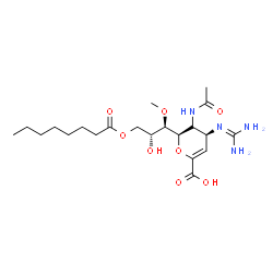 ChemSpider 2D Image | (5xi,6R)-5-Acetamido-2,6-anhydro-3,4,5-trideoxy-4-[(diaminomethylene)amino]-6-[(1R,2R)-2-hydroxy-1-methoxy-3-(octanoyloxy)propyl]-D-glycero-hex-2-enonic acid | C21H36N4O8