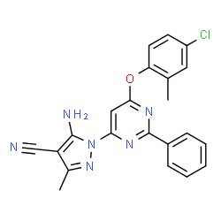 ChemSpider 2D Image | 5-Amino-1-[6-(4-chloro-2-methylphenoxy)-2-phenyl-4-pyrimidinyl]-3-methyl-1H-pyrazole-4-carbonitrile | C22H17ClN6O