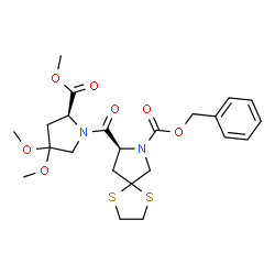 ChemSpider 2D Image | Benzyl (8S)-8-{[(2S)-4,4-dimethoxy-2-(methoxycarbonyl)-1-pyrrolidinyl]carbonyl}-1,4-dithia-7-azaspiro[4.4]nonane-7-carboxylate | C23H30N2O7S2