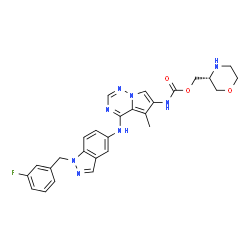 ChemSpider 2D Image | (3R)-3-Morpholinylmethyl (4-{[1-(3-fluorobenzyl)-1H-indazol-5-yl]amino}-5-methylpyrrolo[2,1-f][1,2,4]triazin-6-yl)carbamate | C27H27FN8O3
