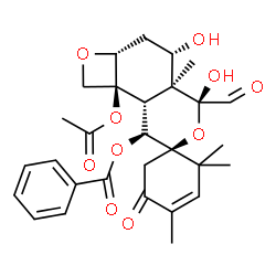 ChemSpider 2D Image | (1R,2a'R,4'S,4a'S,5'R,8'S,8a'R,8b'S)-8b'-Acetoxy-5'-formyl-4',5'-dihydroxy-2,2,4,4a'-tetramethyl-5-oxo-2a',3',4',4a',5',8',8a',8b'-octahydro-1'H-spiro[cyclohex-3-ene-1,7'-oxeto[3,2-f]isochromen]-8'-yl
 benzoate | C29H34O10
