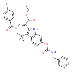 ChemSpider 2D Image | Ethyl 3-(4-fluorobenzoyl)-1,1-dimethyl-8-{[(3-pyridinylmethyl)carbamoyl]oxy}-1,2,3,6-tetrahydroazepino[4,5-b]indole-5-carboxylate | C31H29FN4O5