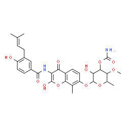 ChemSpider 2D Image | N-{7-[(3-O-Carbamoyl-6-deoxy-4-O-methylhexopyranosyl)oxy]-2-hydroxy-8-methyl-4-oxo-4H-chromen-3-yl}-4-hydroxy-3-(3-methyl-2-buten-1-yl)benzamide | C30H34N2O11