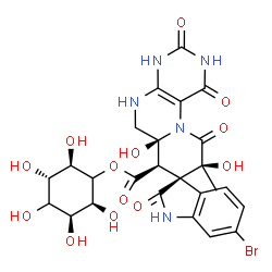 ChemSpider 2D Image | (2R,3S,5S,6S)-2,3,4,5,6-Pentahydroxycyclohexyl (3R,6a'S,7'R,9'S)-6-bromo-6a',9'-dihydroxy-9'-methyl-1',2,3',10'-tetraoxo-1,1',2,2',3',4',5',6',6a',7',9',10'-dodecahydrospiro[indole-3,8'-pyrido[1,2-f]p
teridine]-7'-carboxylate | C25H26BrN5O13