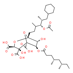 ChemSpider 2D Image | (1R,3S,4S,5S,6R,7R)-1-[(4R,5R)-4-Acetoxy-6-cyclohexyl-3,5-dimethylhexyl]-6-{[(4R,6S)-4,6-dimethyloctanoyl]oxy}-4,7-dihydroxy-2,8-dioxabicyclo[3.2.1]octane-3,4,5-tricarboxylic acid | C35H56O14