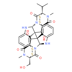 ChemSpider 2D Image | (1S,2S,3S,11R,14S)-2-Hydroxy-3-[(1S,2S,3R,11S,14S)-2-hydroxy-14-(hydroxymethyl)-18-methyl-13,17-dioxo-15,16-dithia-10,12,18-triazapentacyclo[12.2.2.0~1,12~.0~3,11~.0~4,9~]octadeca-4,6,8-trien-3-yl]-14
-isopropyl-18-methyl-15,16-dithia-10,12,18-triazapentacyclo[12.2.2.0~1,12~.0~3,11~.0~4,9~]octadeca-4,6,8-triene-13,17-dione | C32H32N6O7S4
