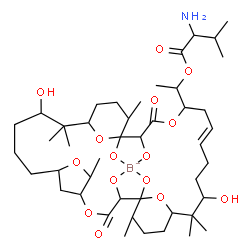 ChemSpider 2D Image | {1-[(24E)-12,28-Dihydroxy-1,2,18,19-tetra(hydroxy-kappaO)-6,13,13,17,29,29,33-heptamethyl-3,20-dioxo-4,7,21,34,35-pentaoxatetracyclo[28.3.1.1~5,8~.1~14,18~]hexatriacont-24-en-22-yl]ethyl valinatato(4-
)}borate(1-) | C45H73BNO15