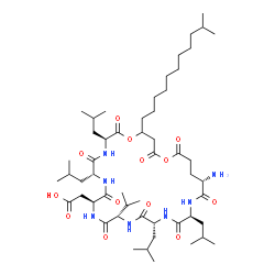 ChemSpider 2D Image | 2-[(3S,6R,9S,12S,15R,18S,21S)-21-amino-3,6,15,18-tetraisobutyl-12-isopropyl-28-(10-methylundecyl)-2,5,8,11,14,17,20,24,26-nonaoxo-1,25-dioxa-4,7,10,13,16,19-hexazacyclooctacos-9-yl]acetic acid | C53H93N7O13