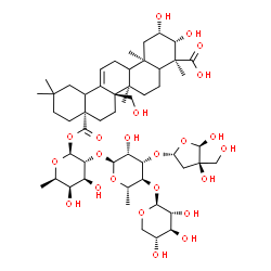 ChemSpider 2D Image | (2S,3R,4S,6aR,6bR,8aS,14bR)-8a-[(2S,3R,4S,5R,6R)-3-[(2S,3R,4S,5S,6S)-4-[(2R,4R,5R)-4,5-dihydroxy-4-(hydroxymethyl)tetrahydrofuran-2-yl]oxy-3-hydroxy-6-methyl-5-[(2S,3R,4S,5R)-3,4,5-trihydroxytetrahydropyran-2-yl]oxy-tetrahydropyran-2-yl]oxy-4,5-dihydroxy-6-methyl-tetrahydropyran-2-yl]oxycarbonyl-2,3-dihydroxy-6b-(hydroxymethyl)-4,6a,11,11,14b-pentamethyl-1,2,3,4a,5,6,7,8,9,10,12,12a,14,14a-tetradecahydropicene-4-carboxylic acid | C52H82O23