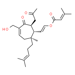 ChemSpider 2D Image | (E)-2-[(1S,2S,7S)-5-(Hydroxymethyl)-2-methyl-2-(4-methyl-3-penten-1-yl)-6-oxo-7-(2-oxopropyl)-4-cyclohepten-1-yl]vinyl 3-methyl-2-butenoate | C25H36O5