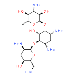 ChemSpider 2D Image | (2S,3R,4S,6R)-4,6-Diamino-3-[(2,6-diamino-2,3,6-trideoxy-alpha-D-ribo-hexopyranosyl)oxy]-2-hydroxycyclohexyl 3-amino-3,6-dideoxy-alpha-D-glucopyranoside | C18H37N5O8