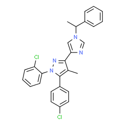 ChemSpider 2D Image | 1-(2-Chlorophenyl)-5-(4-chlorophenyl)-4-methyl-3-[1-(1-phenylethyl)-1H-imidazol-4-yl]-1H-pyrazole | C27H22Cl2N4